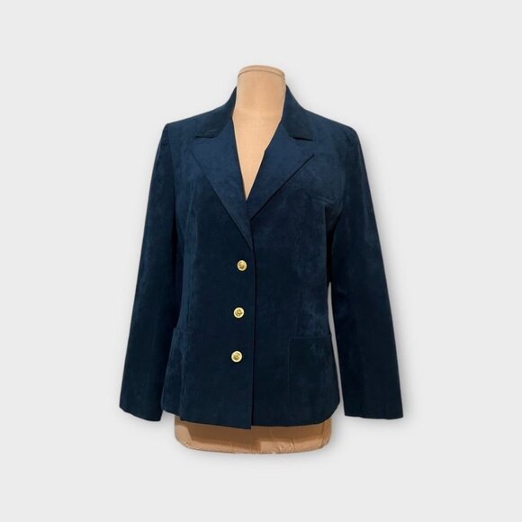 Vintage Faux Suede Blazer M Abe Schrader Blue Navy Gold Buttons Classic - Picture 1 of 8